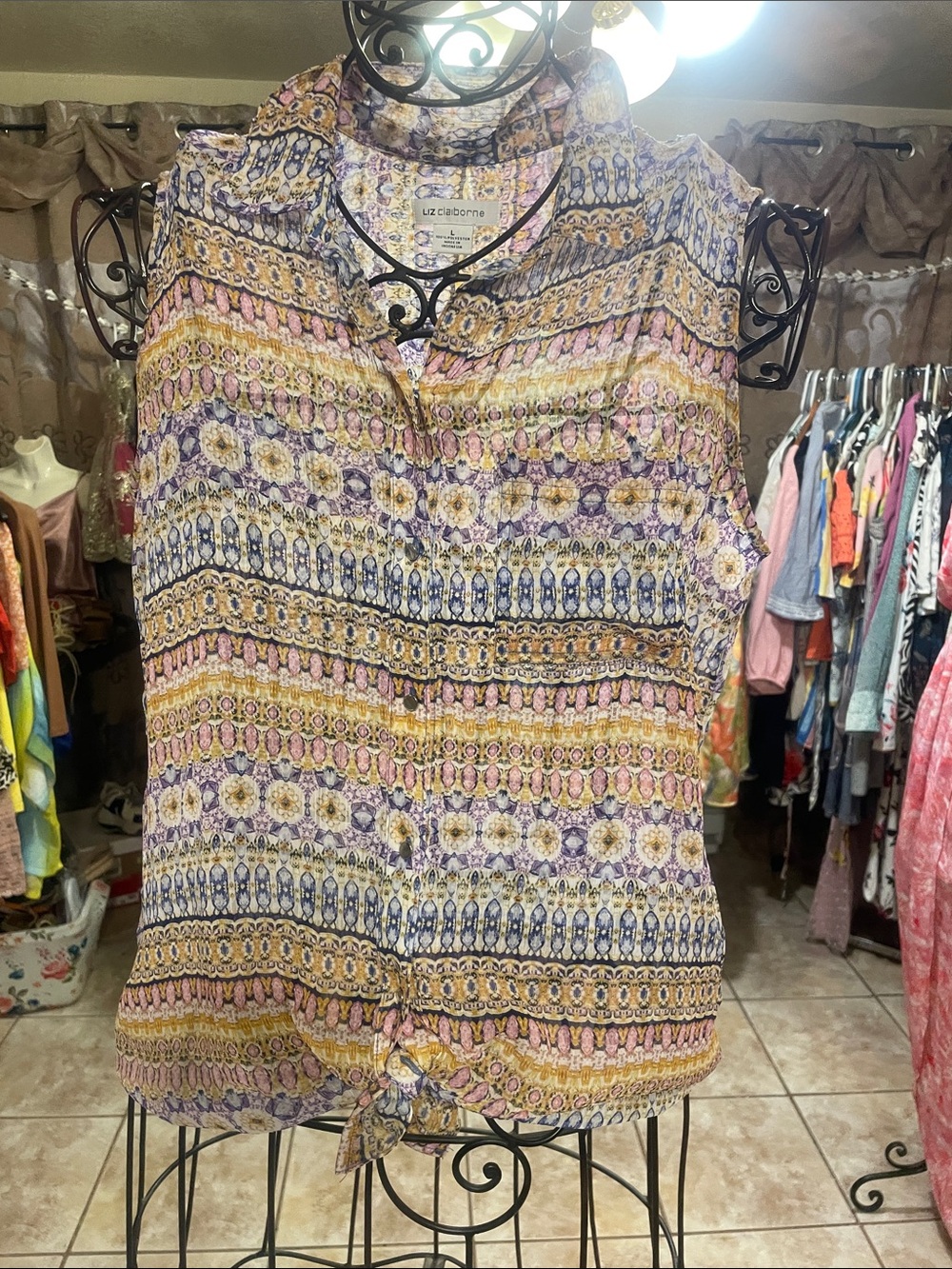 Liz Claiborne Purple, Yellow & Pink Printed Tie-Hem Sleeveless Top